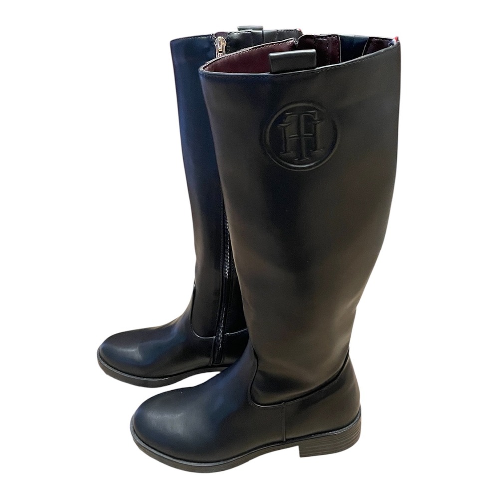 Tommy Hilfiger Women Black Faux Leather Tall Riding Boots Knee High Logo Size 6M